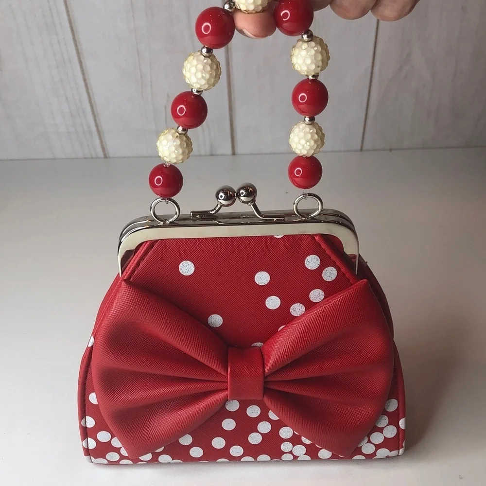 Disney parks Minnie Mouse cute small handbag purse beaded Polka Dots Red Bow EUC